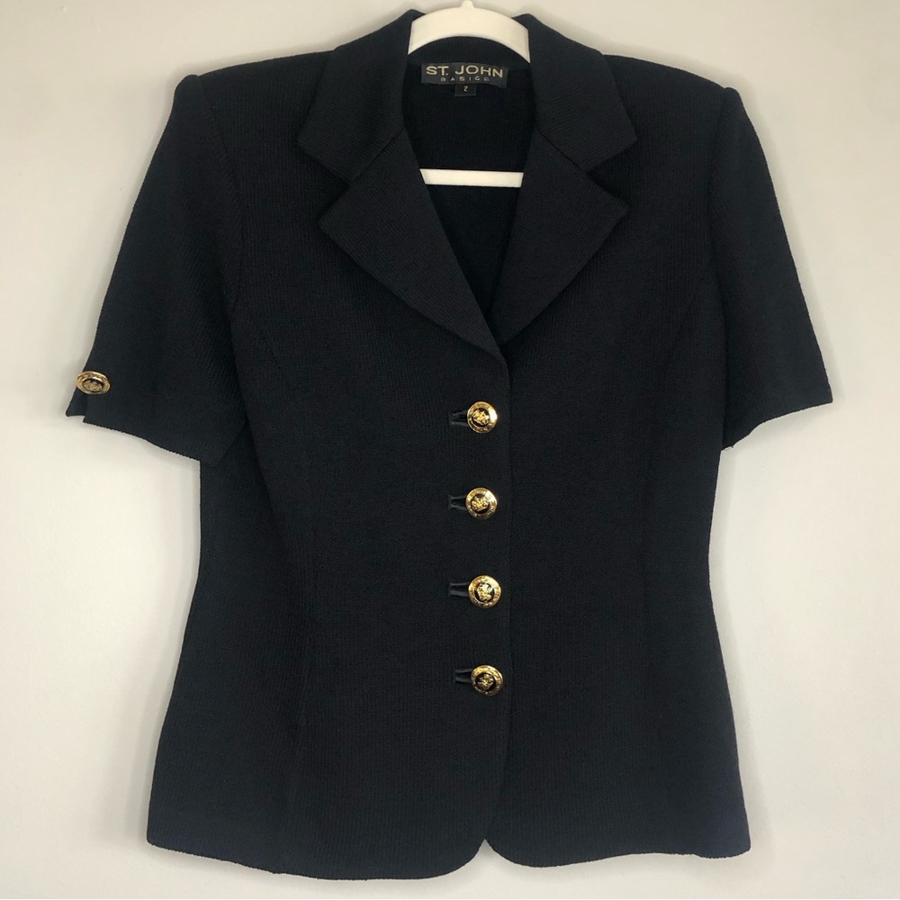 ST. JOHN Basics Santana Knit Womens Fitted Blazer Jacket Navy Blue Black Size 2